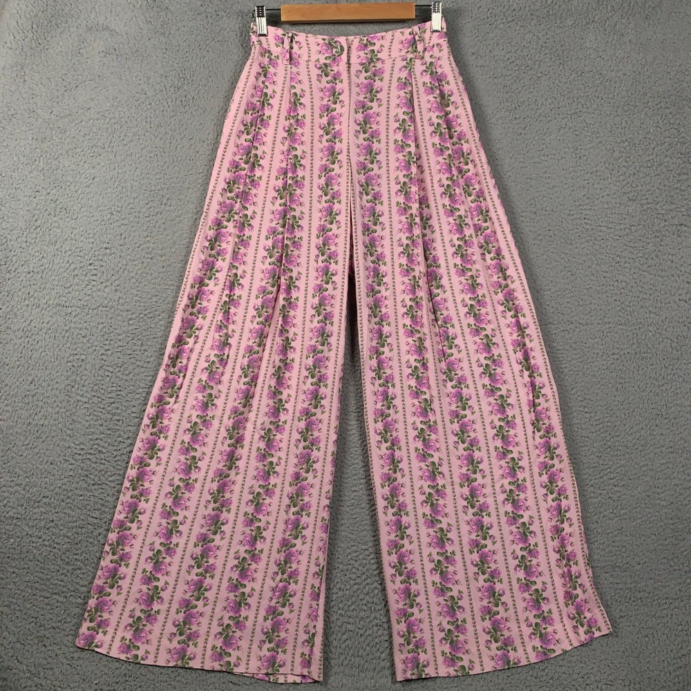 LoveShackFancy Ruffle Wide Leg Pant Women 00 Pink Floral Rose High Waist Viscose
